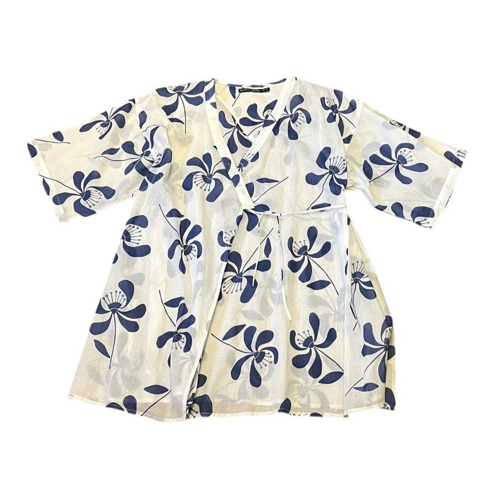 Gudrun Sjoden Organic Cotton Floral Kimono White Blue Tunic Wrap Lagenlook S/M